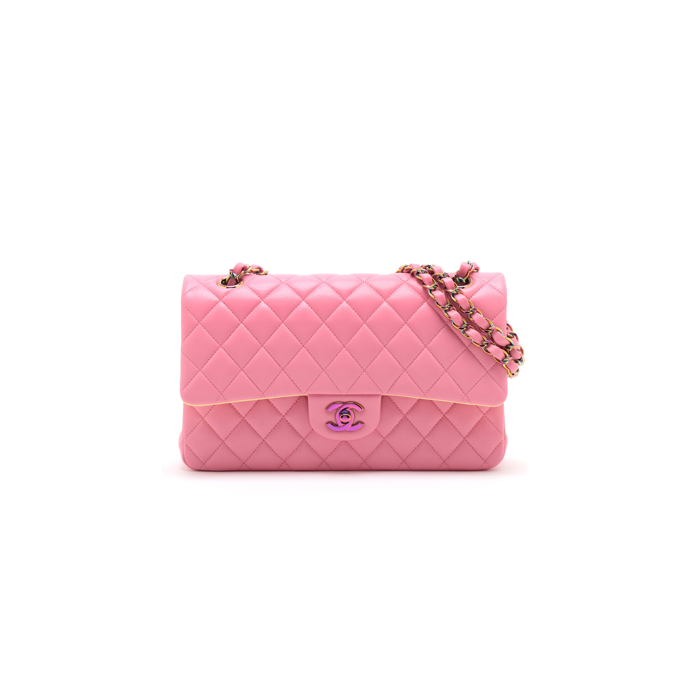Ch*el master matelasse 25 lambskin double flap double chain bag pink rainbow metal fit (25.5*15*6cm)